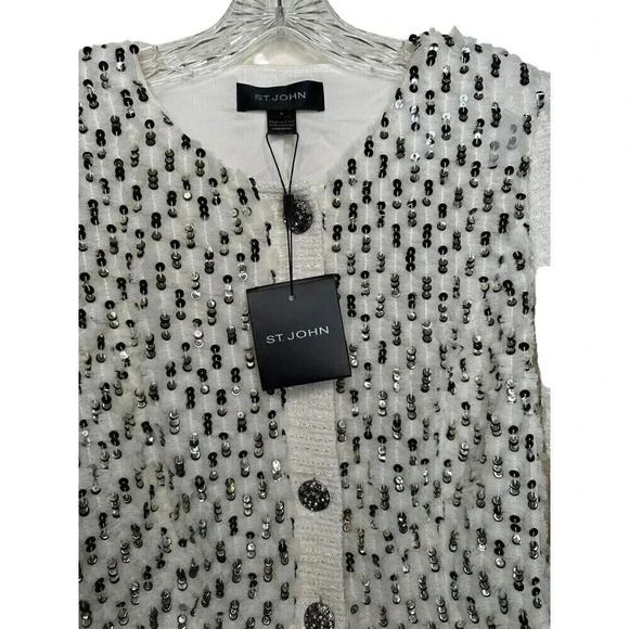 St. John Sequin Embellished Cropped Button Down Cardigan Cream Ivory Size 4 NWT - Picture 7 of 14